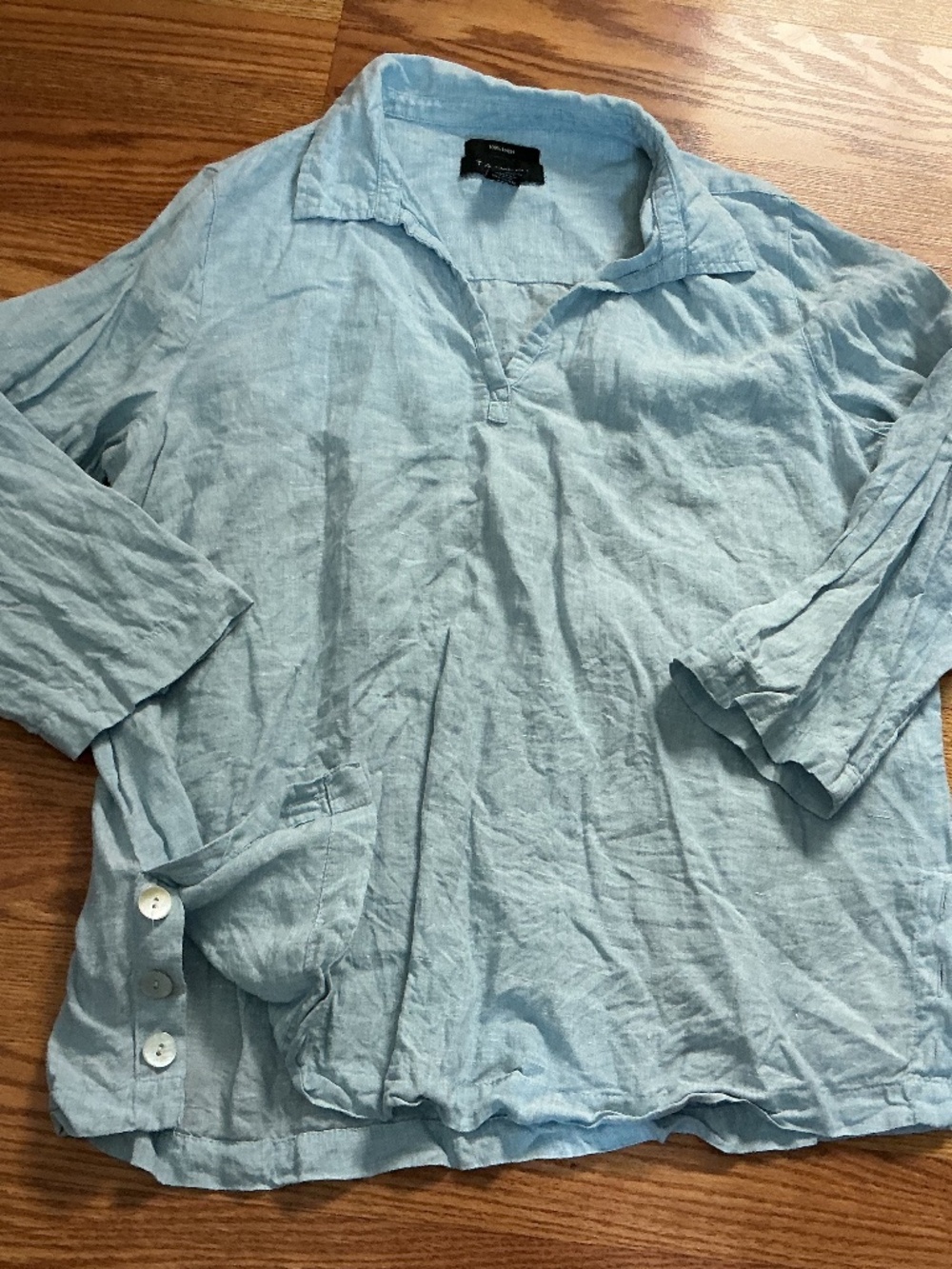 Tahari Light Blue Linen 3/4 Sleeve Button Detail Pullover Tunic   Size XL